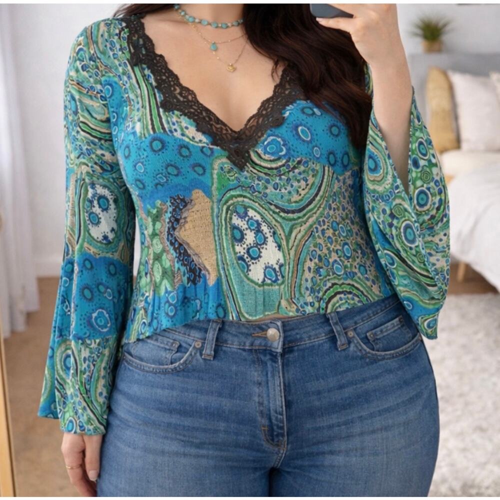 Alberto Makali Boho Paisley Blouse Bell Sleeve Lace Trim Size L